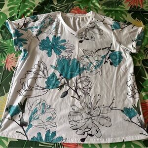 Pixie Lady Teal Sage Black Floral V-neck White Top XL